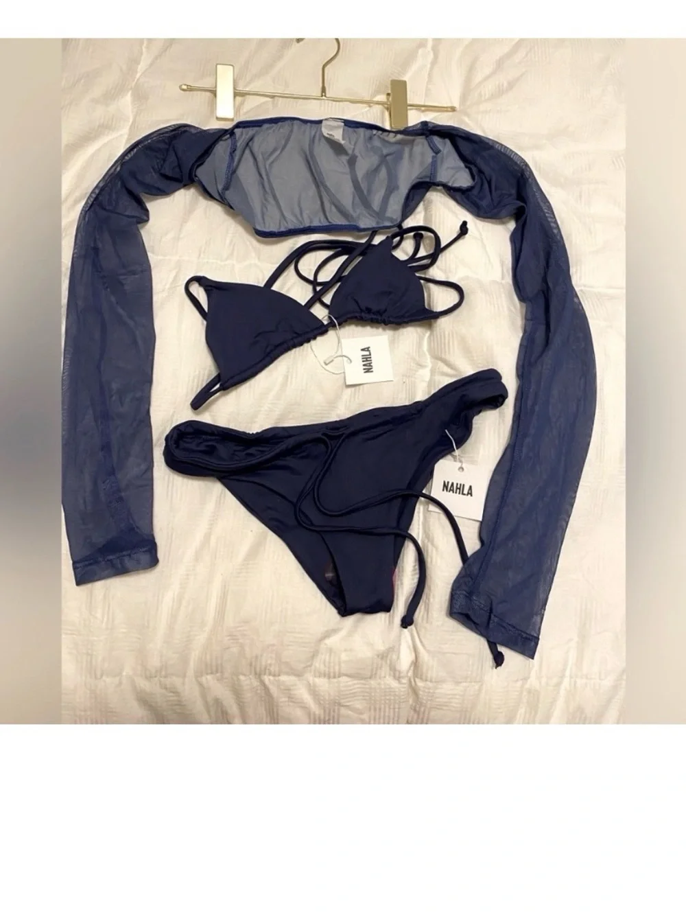 💙🤍 NAHLA Navy Triangle Bikini Set with Sheer Long Sleeve Cover
